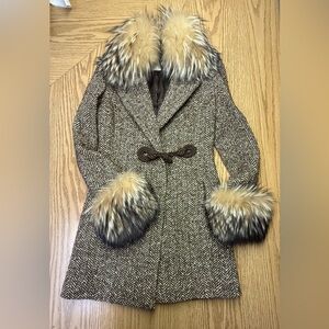 Vintage Valentino Tweed Herringbone Coat with Fox Fur Trim